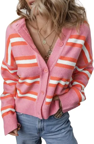 EVALESS Womens 2024 Trendy Cropped Striped Cardigans Sweaters Fashion Chunky Long Sleeve V Neck Knit Fall Winter Spring Lightweight Outerwear Coats,Pink Stripe XX-Large