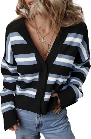 EVALESS Womens Cardigan Sweaters 2024 Fashion Trendy Spring Fall Oversized Lightweight Cropped Chunky Knit Striped Sweaters Loose Outerwear Coats,Black Stripe Large