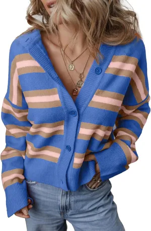 EVALESS Womens Striped Knit Cropped Chunky Lightweight Open Front Cardigans Sweaters 2024 Fashion Trendy Oversized Fall Loose Outerwear Coats,Sky Blue Stripe Small