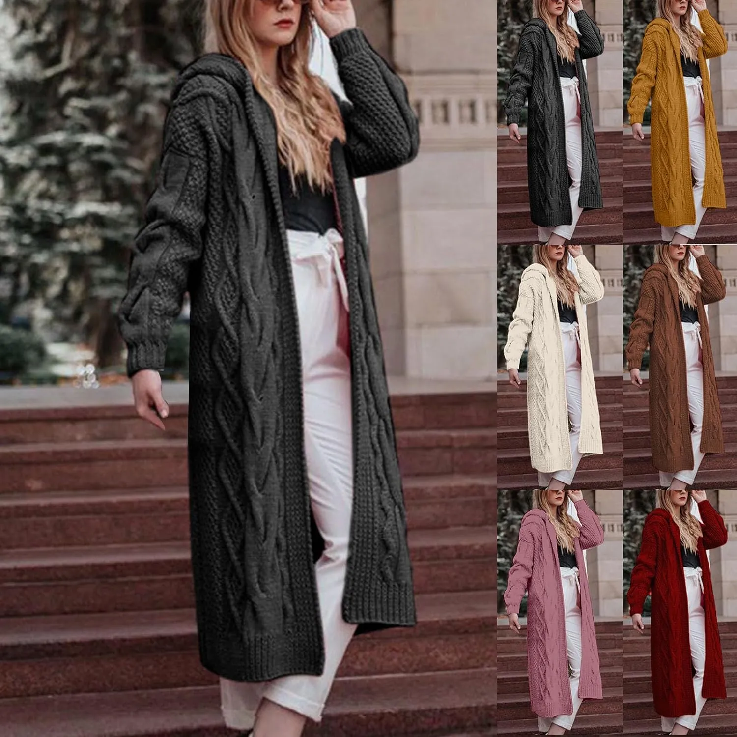 Fall Outfits for Women 2025 Open Front Lightweight Hooded Cardigan Oversized Cable Knit Long Sleeve Sweaters