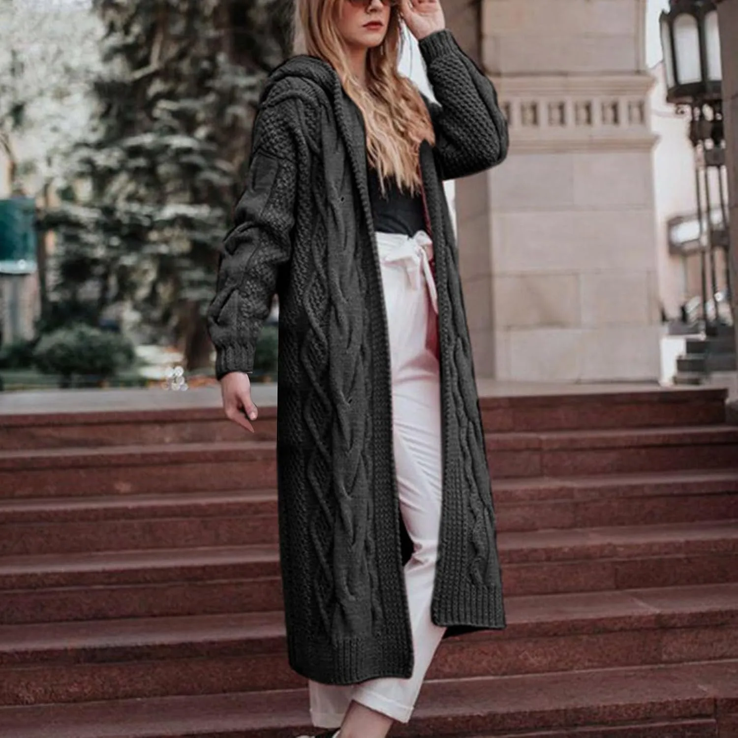 Fall Outfits for Women 2025 Open Front Lightweight Hooded Cardigan Oversized Cable Knit Long Sleeve Sweaters