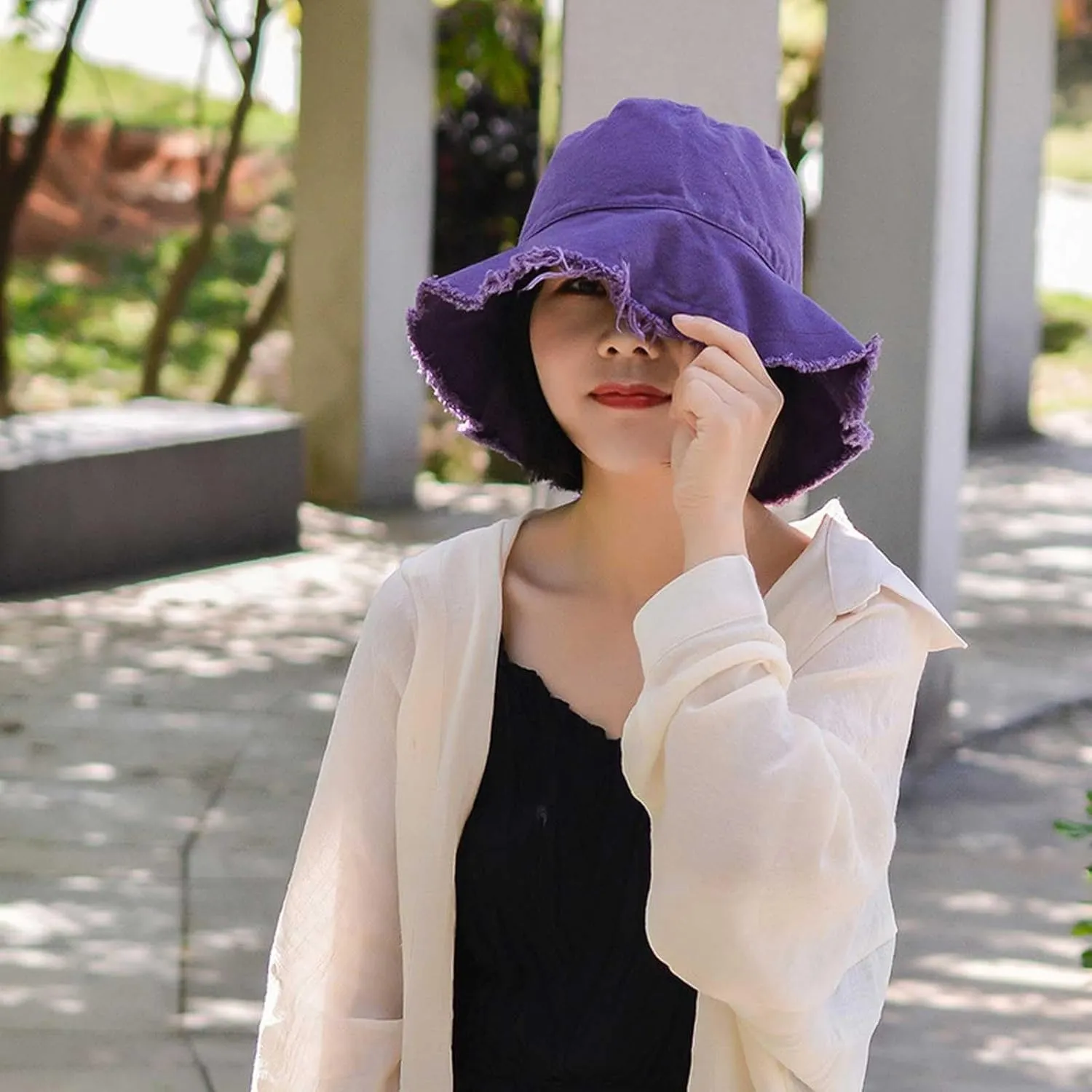 Fashion Bucket Hats for Women Frayed Wide Brim Packable Cotton Beach Sun Hat UPF 50  Summer Travel Beach Boonie Cap