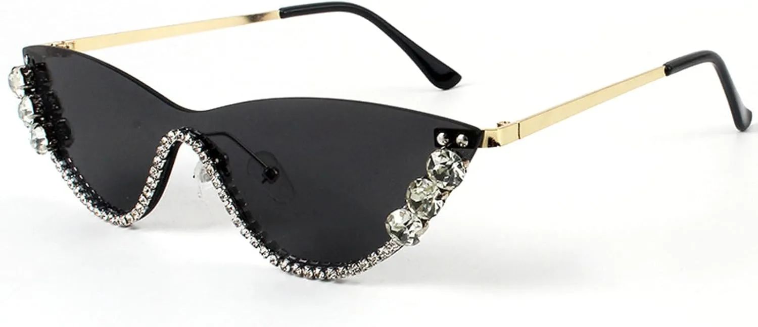 Fashion Diamond Cat Eye Sunglasses for Women Rimless Rhinestone Sun Glasses Vintage Travel Party bling Eyewear