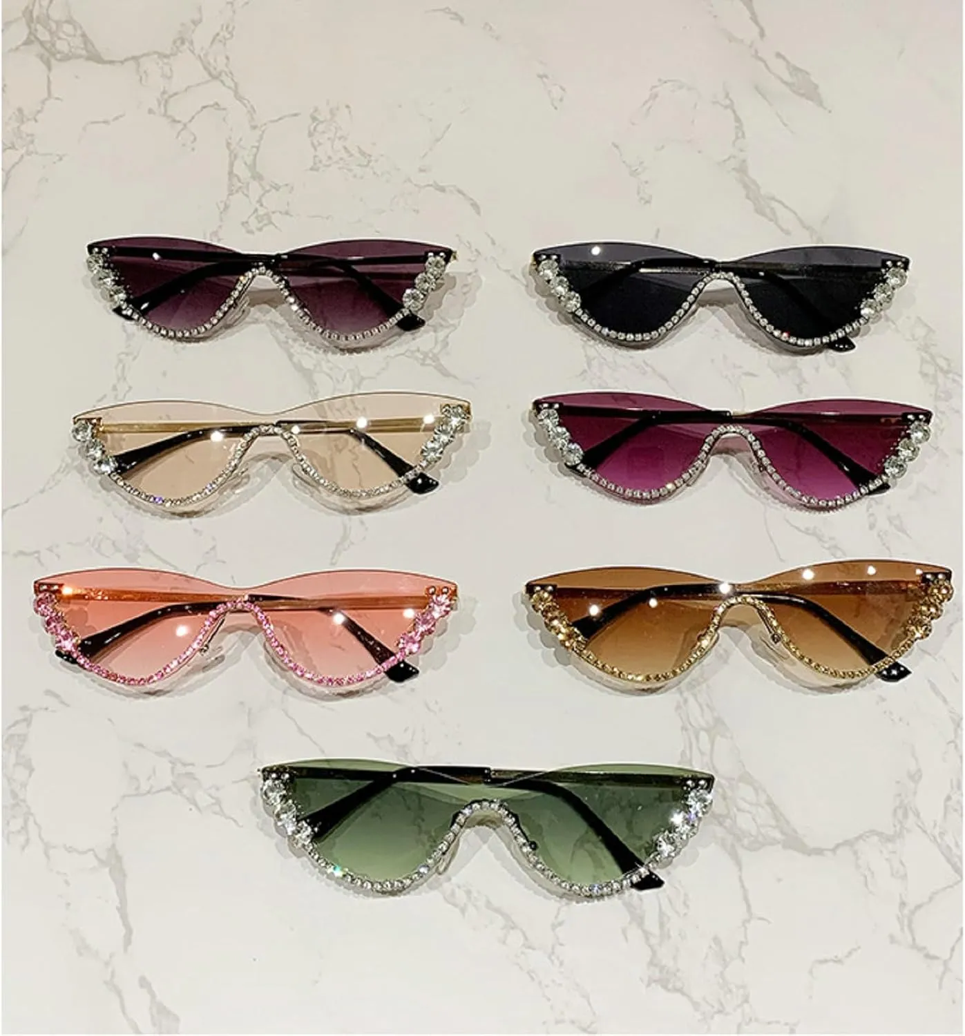 Fashion Diamond Cat Eye Sunglasses for Women Rimless Rhinestone Sun Glasses Vintage Travel Party bling Eyewear