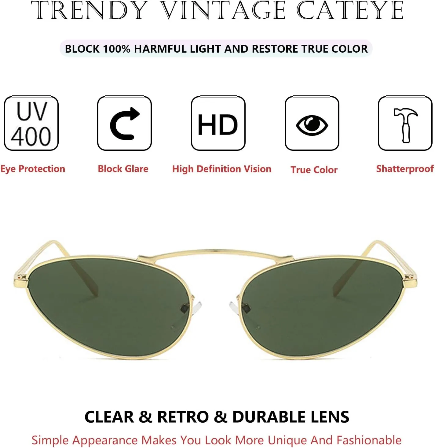 Fashion Retro Narrow Cat Eye Sunglasses for Women Trendy Fun Small Metal Frame Sunnies UV400 Protection Glasses