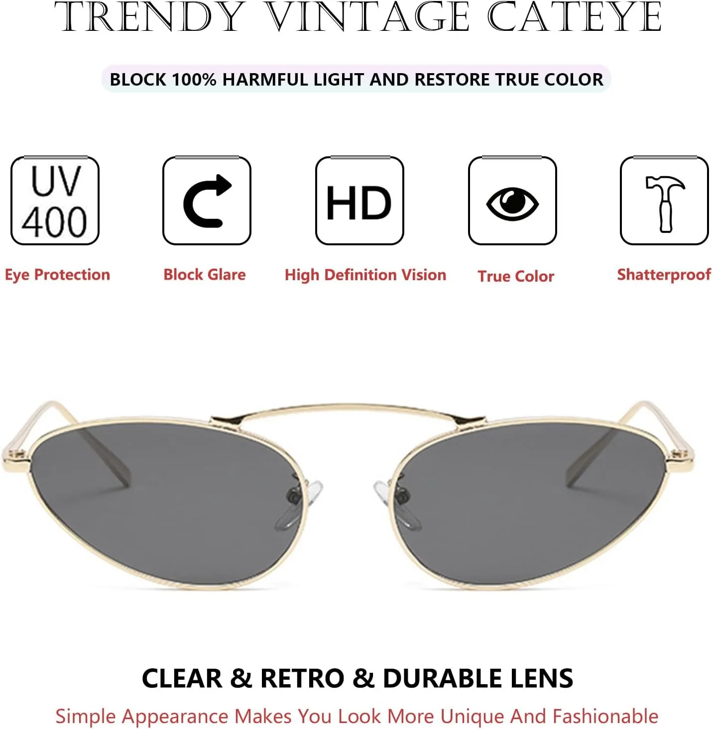Fashion Retro Narrow Cat Eye Sunglasses for Women Trendy Fun Small Metal Frame Sunnies UV400 Protection Glasses