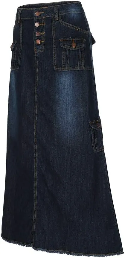 Fashion Straight Long Mid Waist Vintage Womens Denim Button Overszied Maxi Skirts Front Pocket Maxi Skirts Long Denim Skirt