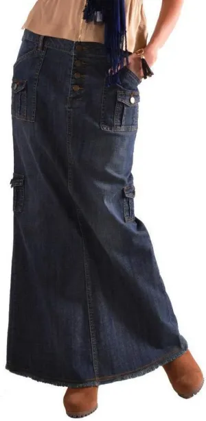 Fashion Straight Long Mid Waist Vintage Womens Denim Button Overszied Maxi Skirts Front Pocket Maxi Skirts Long Denim Skirt