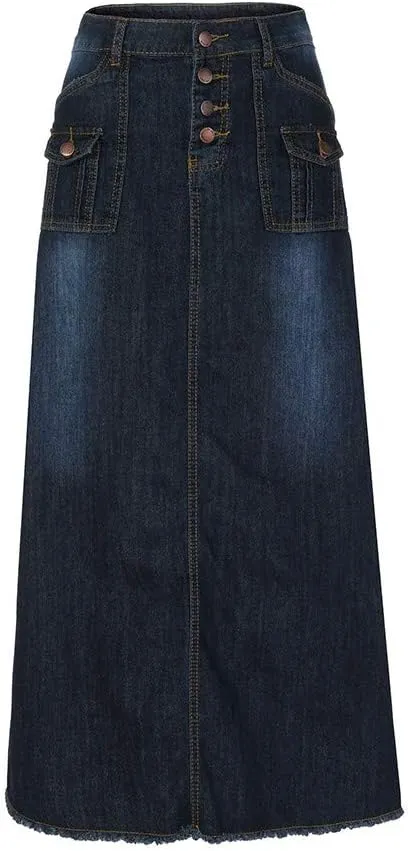 Fashion Straight Long Mid Waist Vintage Womens Denim Button Overszied Maxi Skirts Front Pocket Maxi Skirts Long Denim Skirt