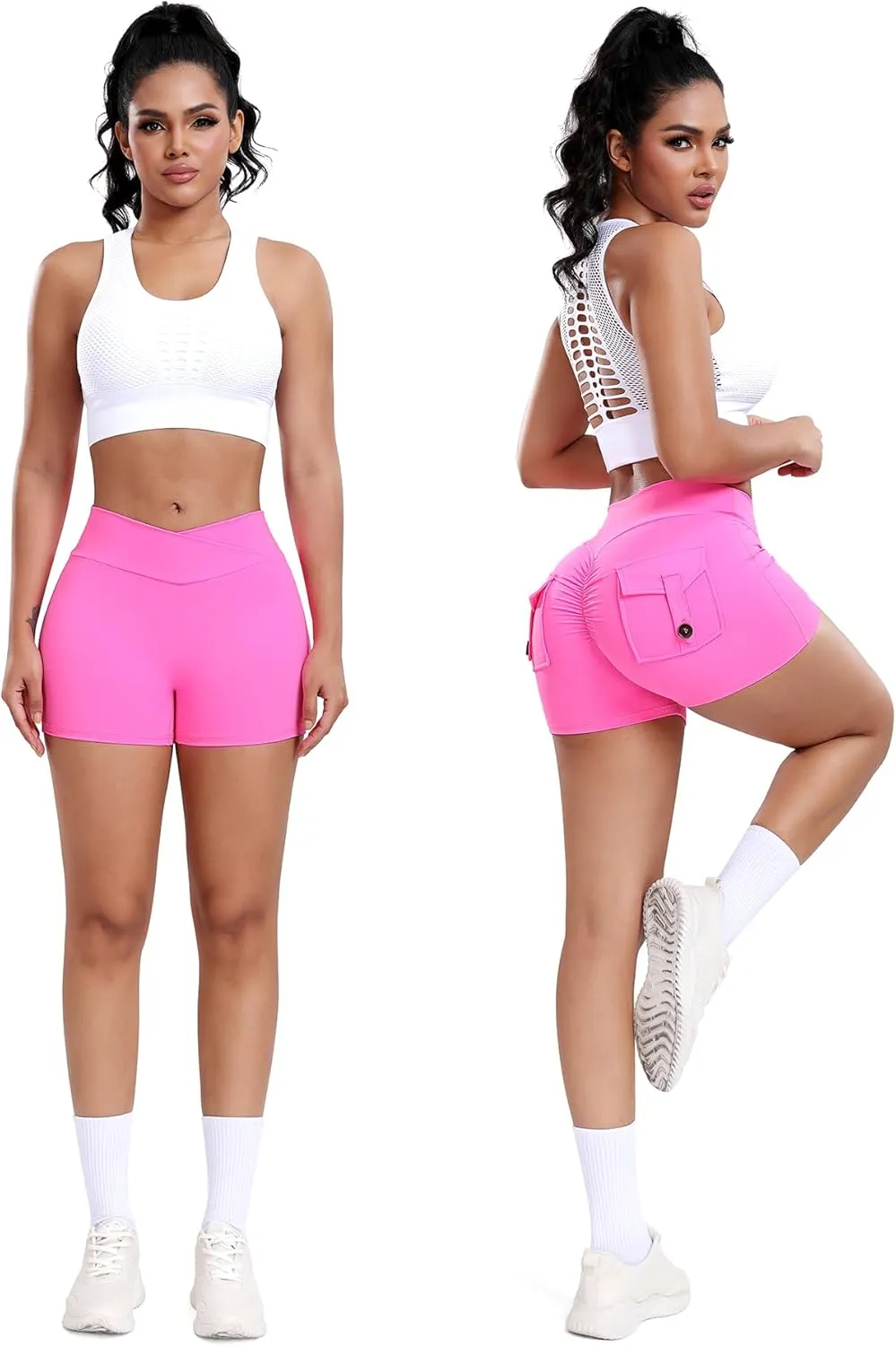 FITTOO Scrunch Butt Lifting Shorts for Women with Pocket Cross High Waist Crossover Yoga Workout Booty Shorts