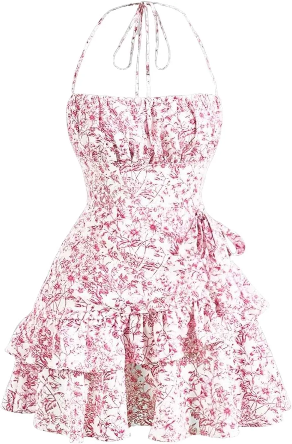 Floral Corset Mini Dress for Women Summer Tie Halter Ruffle Trim Floral Sundress Casual Short Dress for Vacation Beach