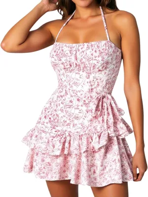 Floral Corset Mini Dress for Women Summer Tie Halter Ruffle Trim Floral Sundress Casual Short Dress for Vacation Beach