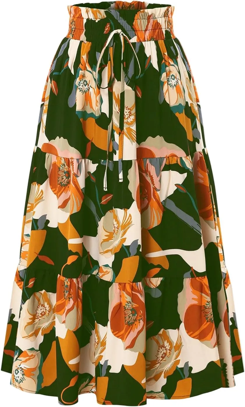Floral Long Skirts for Women Summer Boho Beach Flowy Maxi Skirts Drawstring High Waisted Tiered Pleated A Line Skirt