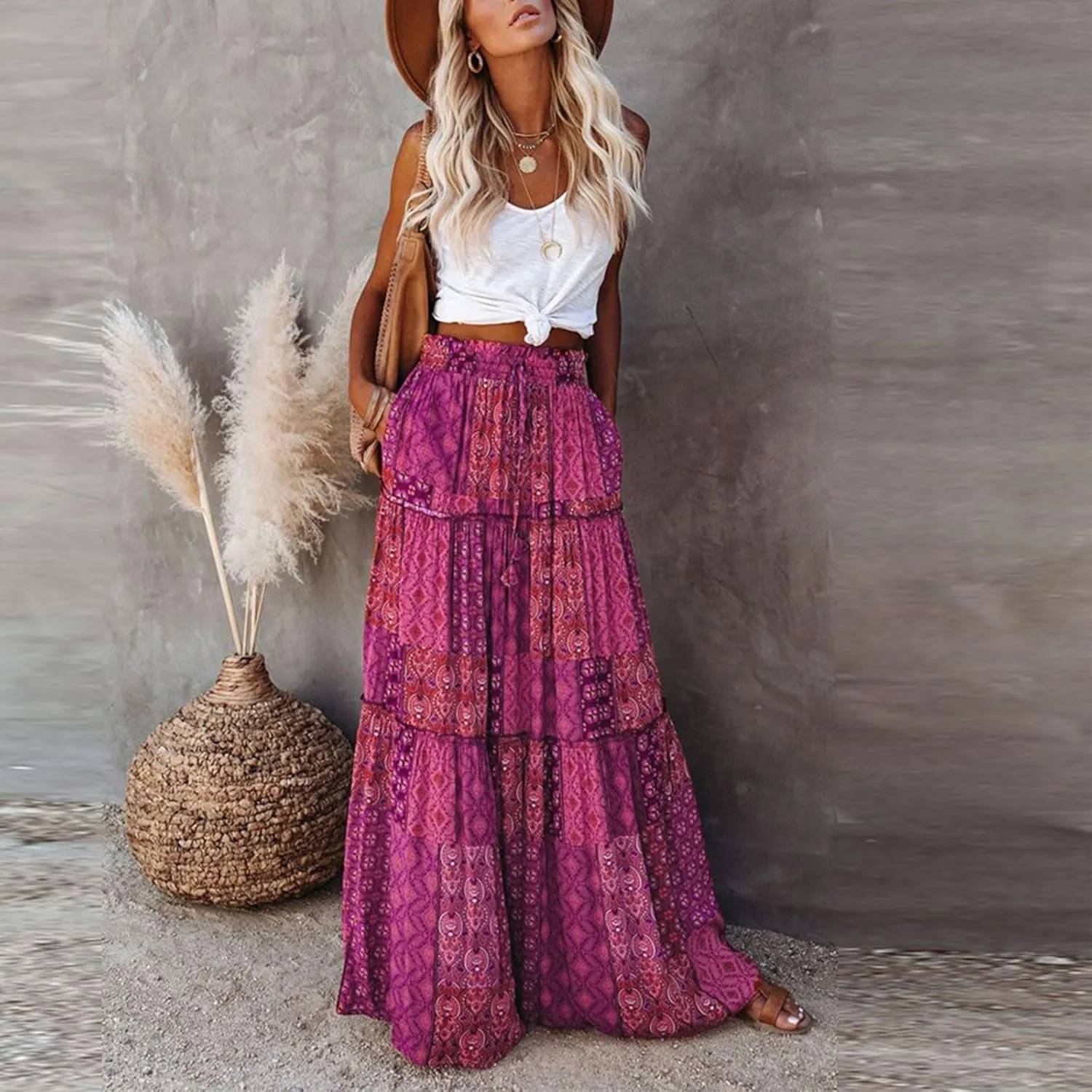 Floral Maxi Skirts for Women Trendy Summer Elastic High Waisted Long Skirts Tiered Flowy Swing A Line Skirt w/Pockets