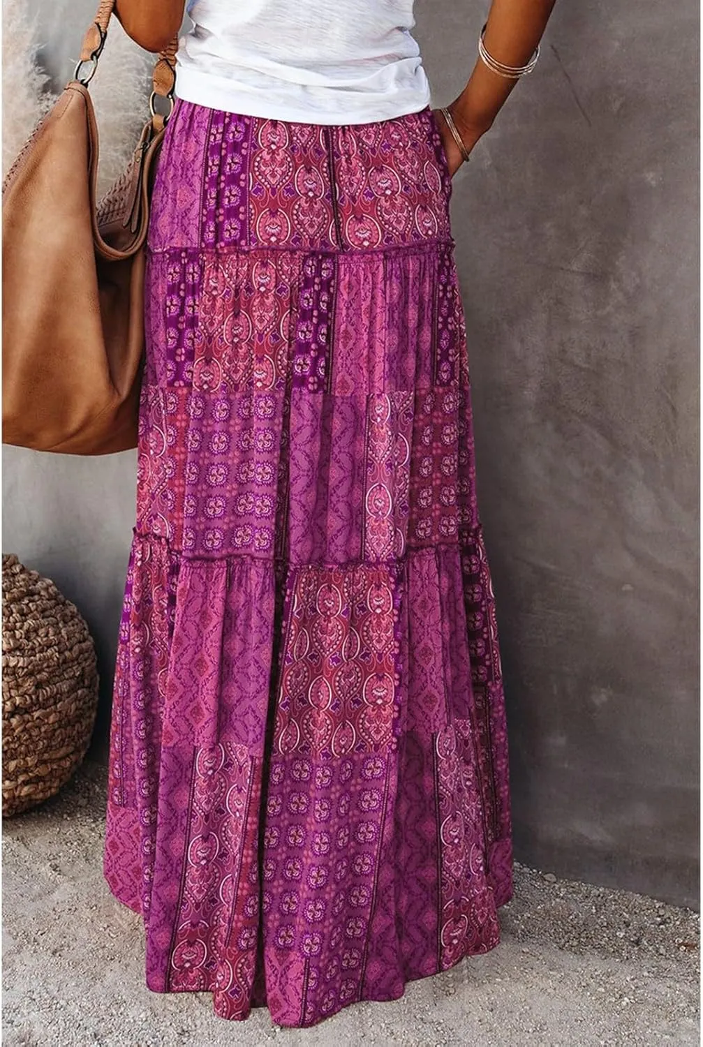 Floral Maxi Skirts for Women Trendy Summer Elastic High Waisted Long Skirts Tiered Flowy Swing A Line Skirt w/Pockets