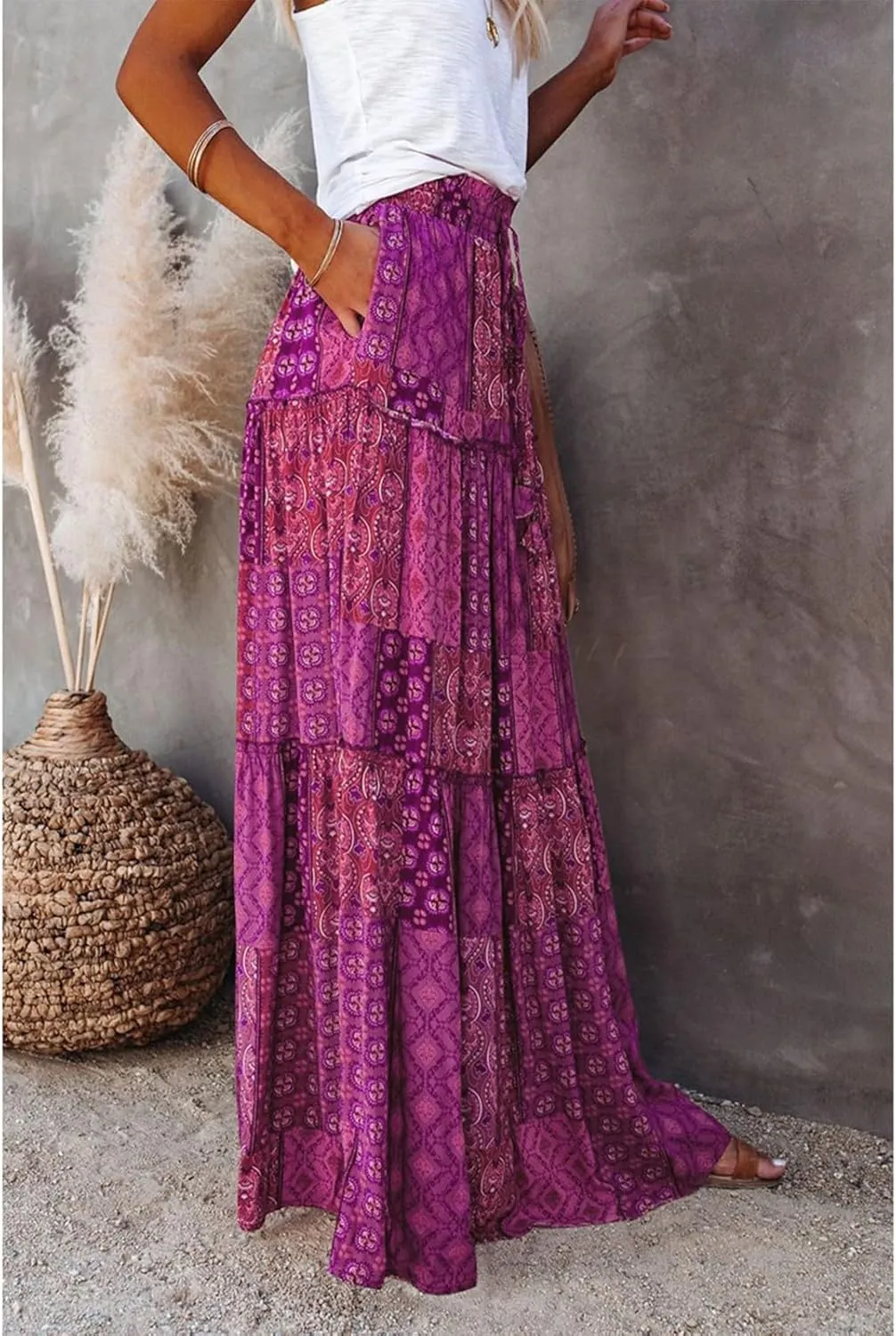 Floral Maxi Skirts for Women Trendy Summer Elastic High Waisted Long Skirts Tiered Flowy Swing A Line Skirt w/Pockets