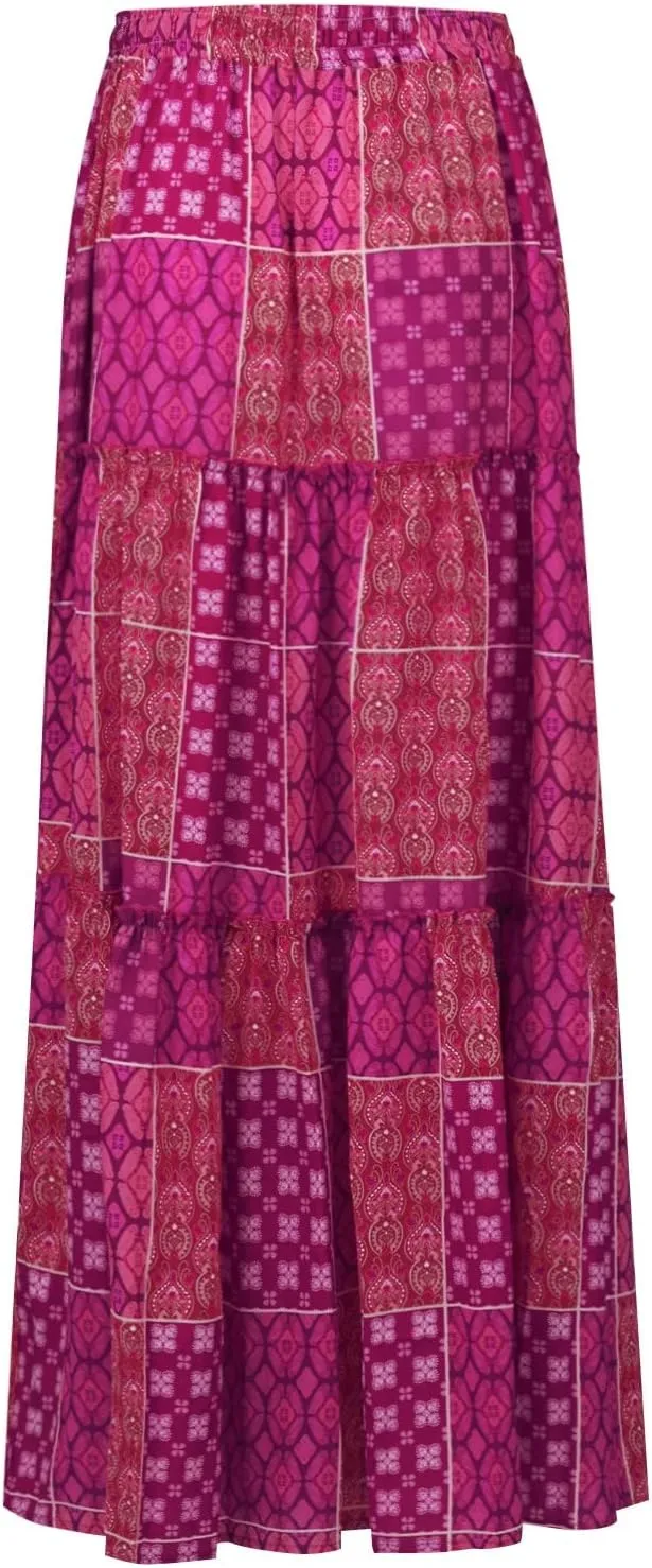 Floral Maxi Skirts for Women Trendy Summer Elastic High Waisted Long Skirts Tiered Flowy Swing A Line Skirt w/Pockets