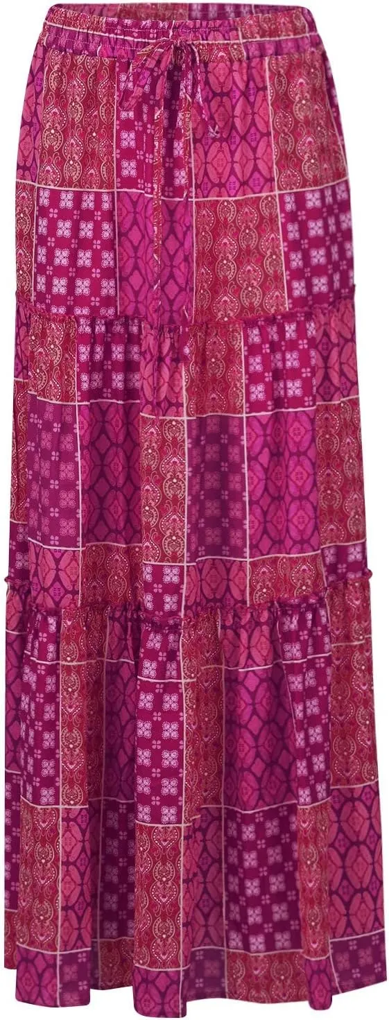 Floral Maxi Skirts for Women Trendy Summer Elastic High Waisted Long Skirts Tiered Flowy Swing A Line Skirt w/Pockets