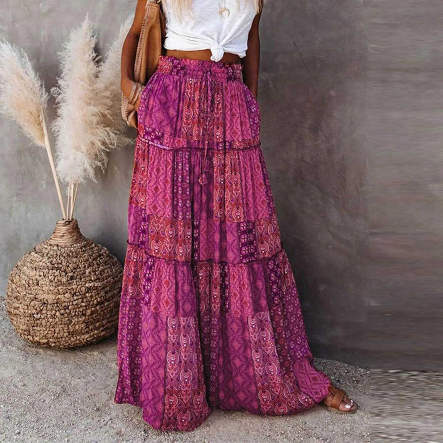 Floral Maxi Skirts for Women Trendy Summer Elastic High Waisted Long Skirts Tiered Flowy Swing A Line Skirt w/Pockets