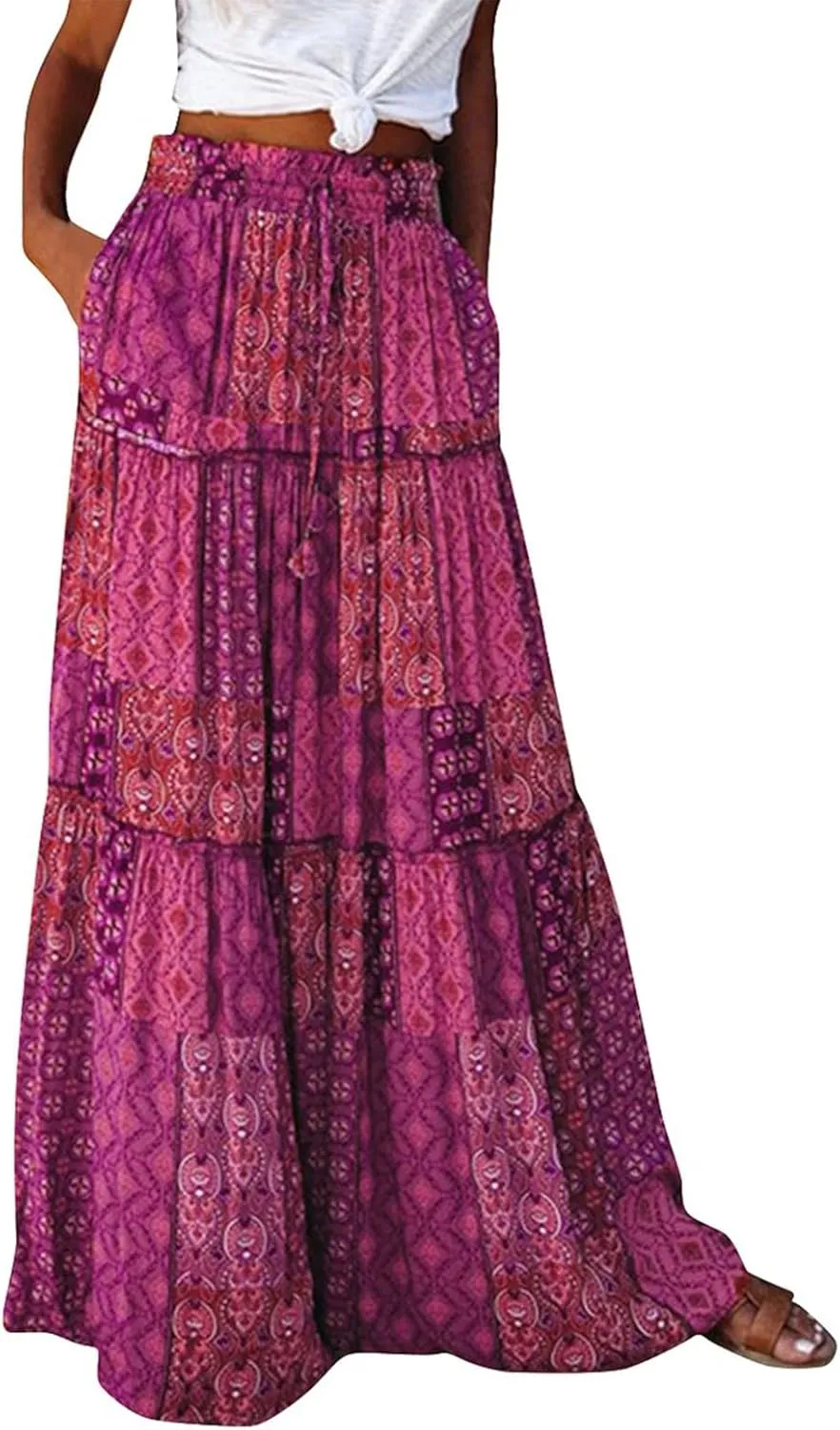 Floral Maxi Skirts for Women Trendy Summer Elastic High Waisted Long Skirts Tiered Flowy Swing A Line Skirt w/Pockets