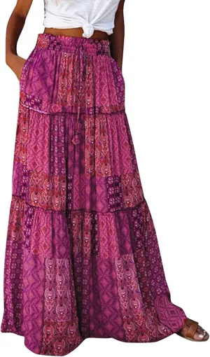 Floral Maxi Skirts for Women Trendy Summer Elastic High Waisted Long Skirts Tiered Flowy Swing A Line Skirt w/Pockets