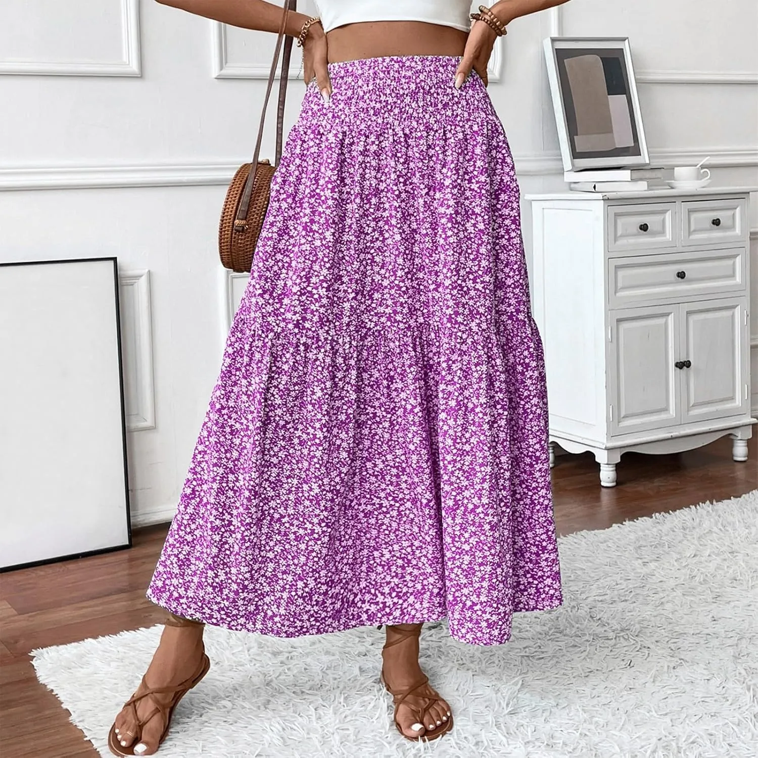 Floral Maxi Skirts for Women Trendy Summer High Waisted Long Skirts Elastic Waist Boho Beach A Line Skirt Cover Up
