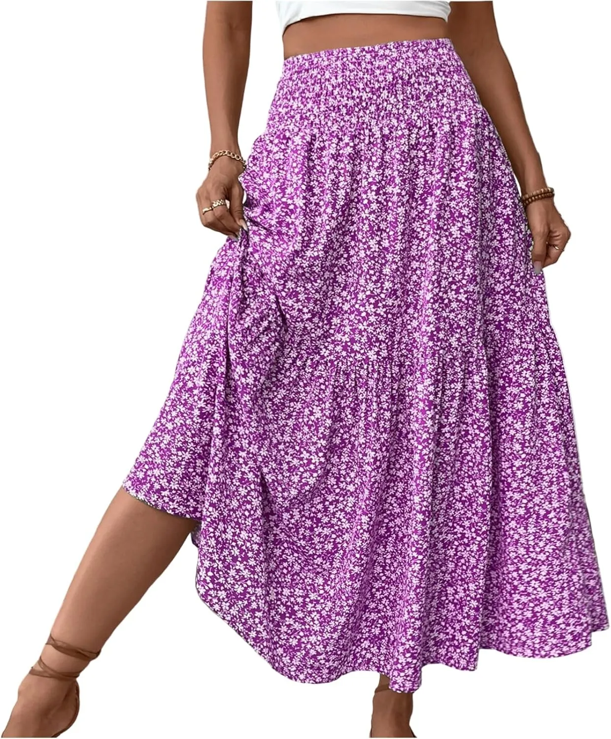 Floral Maxi Skirts for Women Trendy Summer High Waisted Long Skirts Elastic Waist Boho Beach A Line Skirt Cover Up