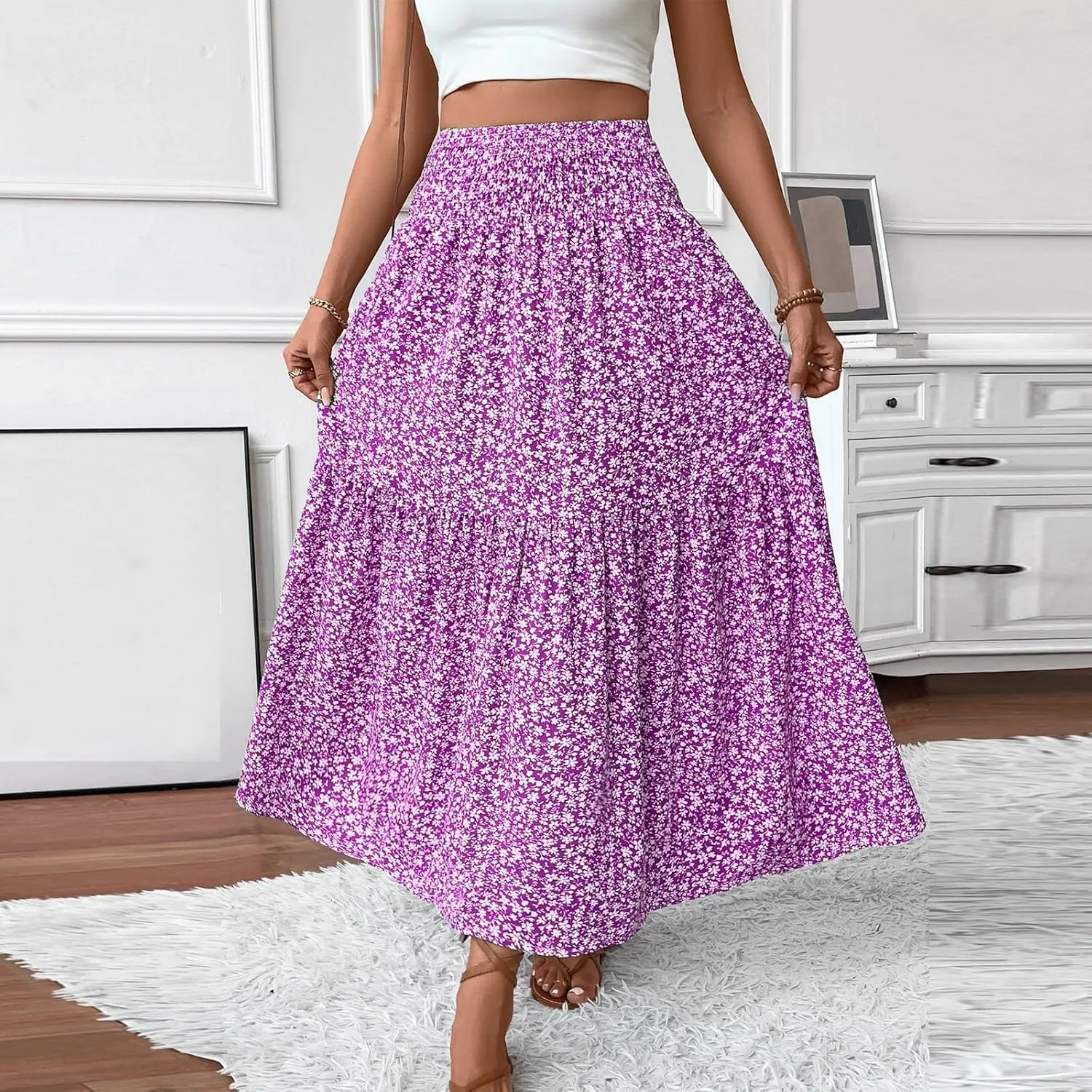 Floral Maxi Skirts for Women Trendy Summer High Waisted Long Skirts Elastic Waist Boho Beach A Line Skirt Cover Up