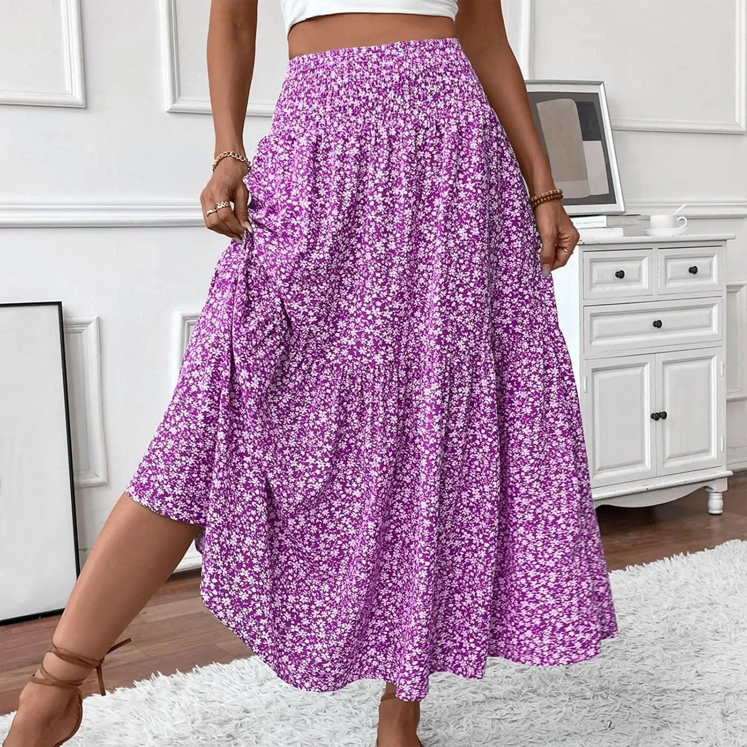Floral Maxi Skirts for Women Trendy Summer High Waisted Long Skirts Elastic Waist Boho Beach A Line Skirt Cover Up