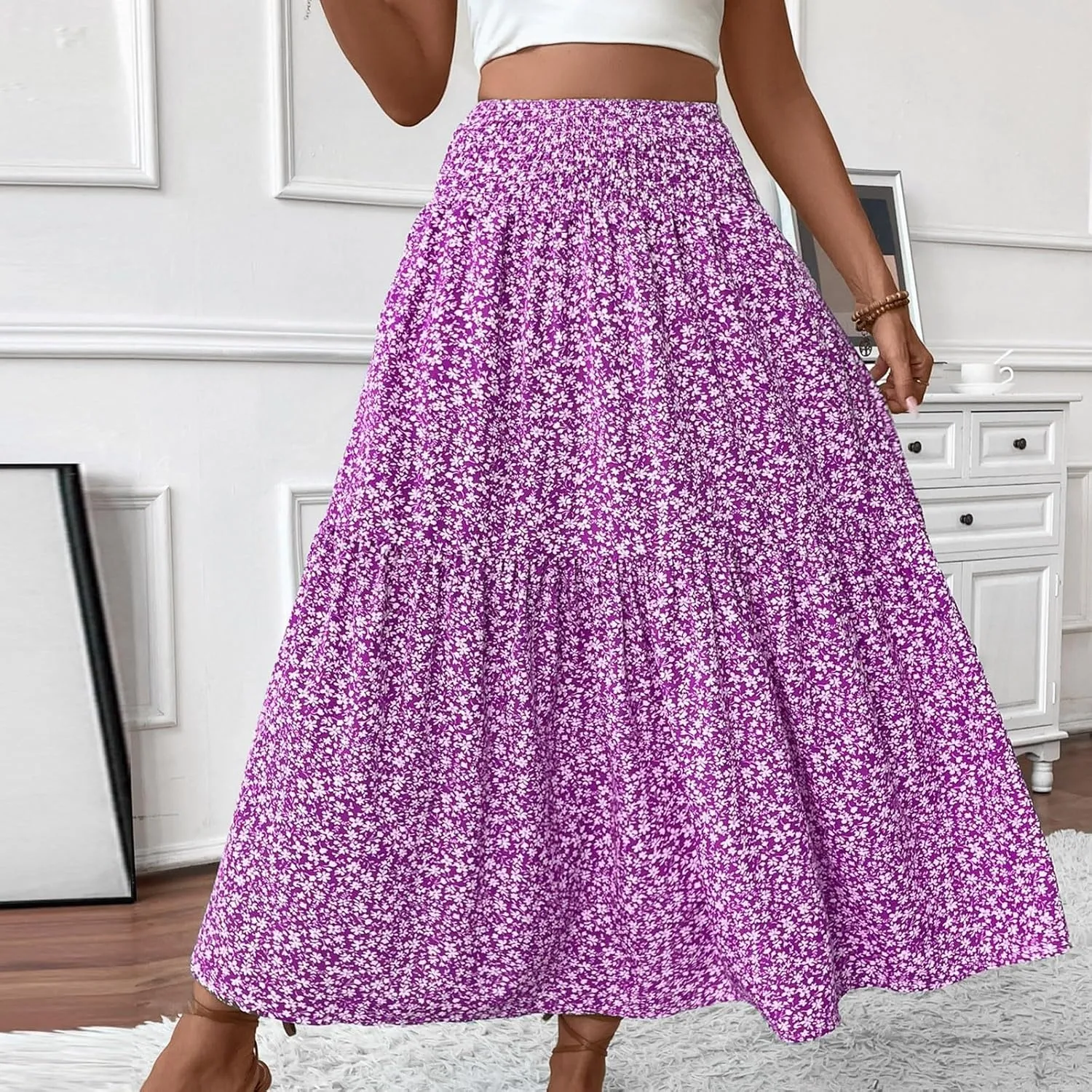 Floral Maxi Skirts for Women Trendy Summer High Waisted Long Skirts Elastic Waist Boho Beach A Line Skirt Cover Up