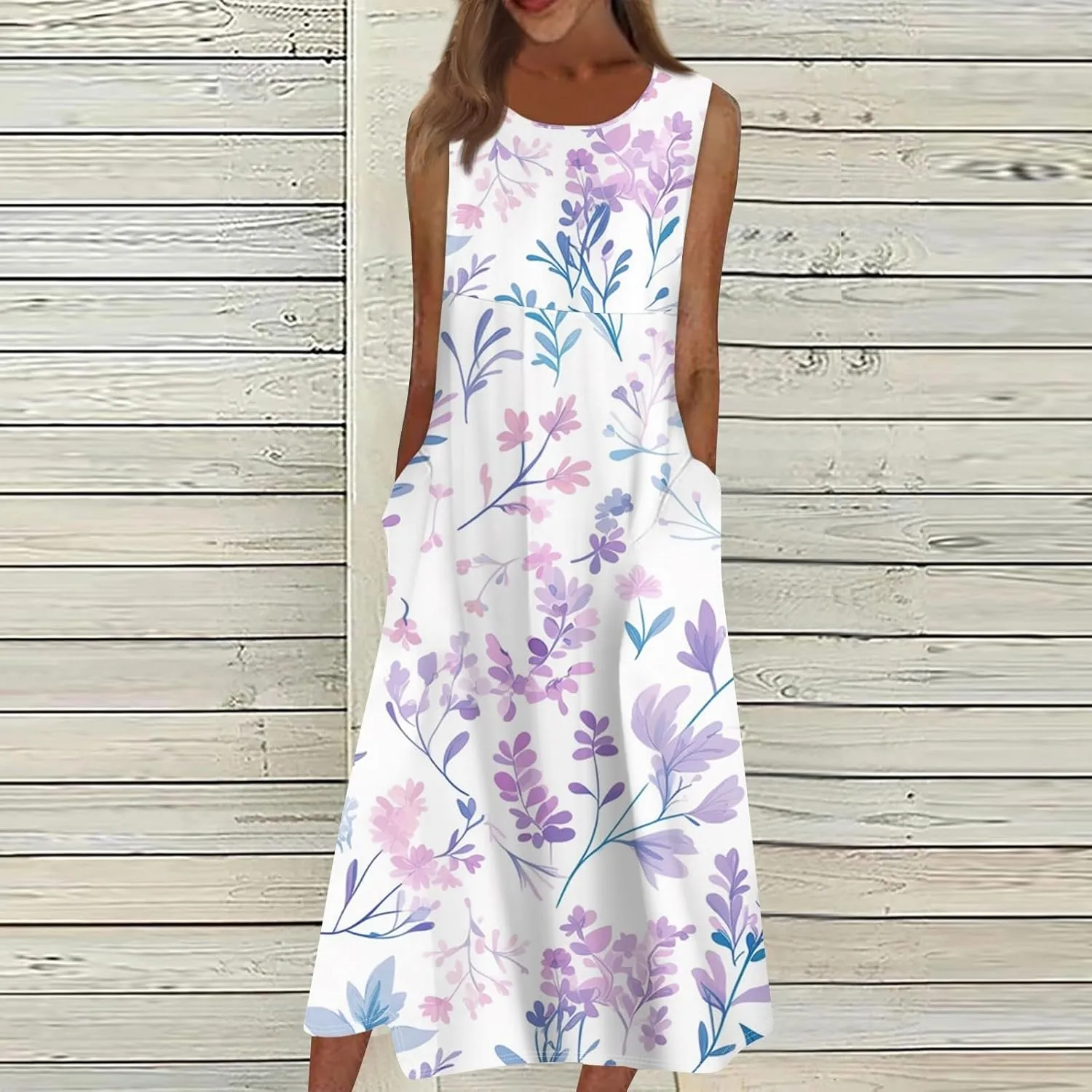 Floral Midi Dress for Women Round Neck Tea Party Sleeveless Floral Dresses with Pockets Stylish Going Out Easter Outfits