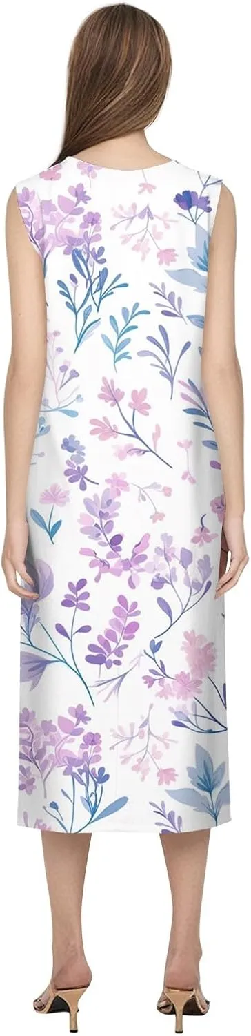 Floral Midi Dress for Women Round Neck Tea Party Sleeveless Floral Dresses with Pockets Stylish Going Out Easter Outfits
