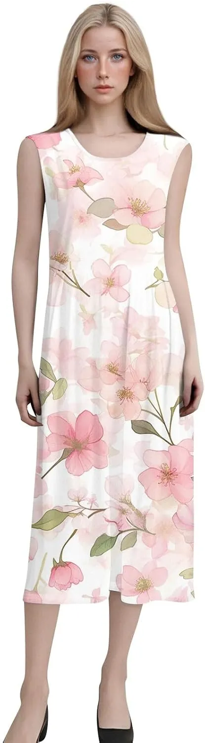Floral Midi Dress for Women Round Neck Tea Party Sleeveless Floral Dresses with Pockets Stylish Going Out Easter Outfits
