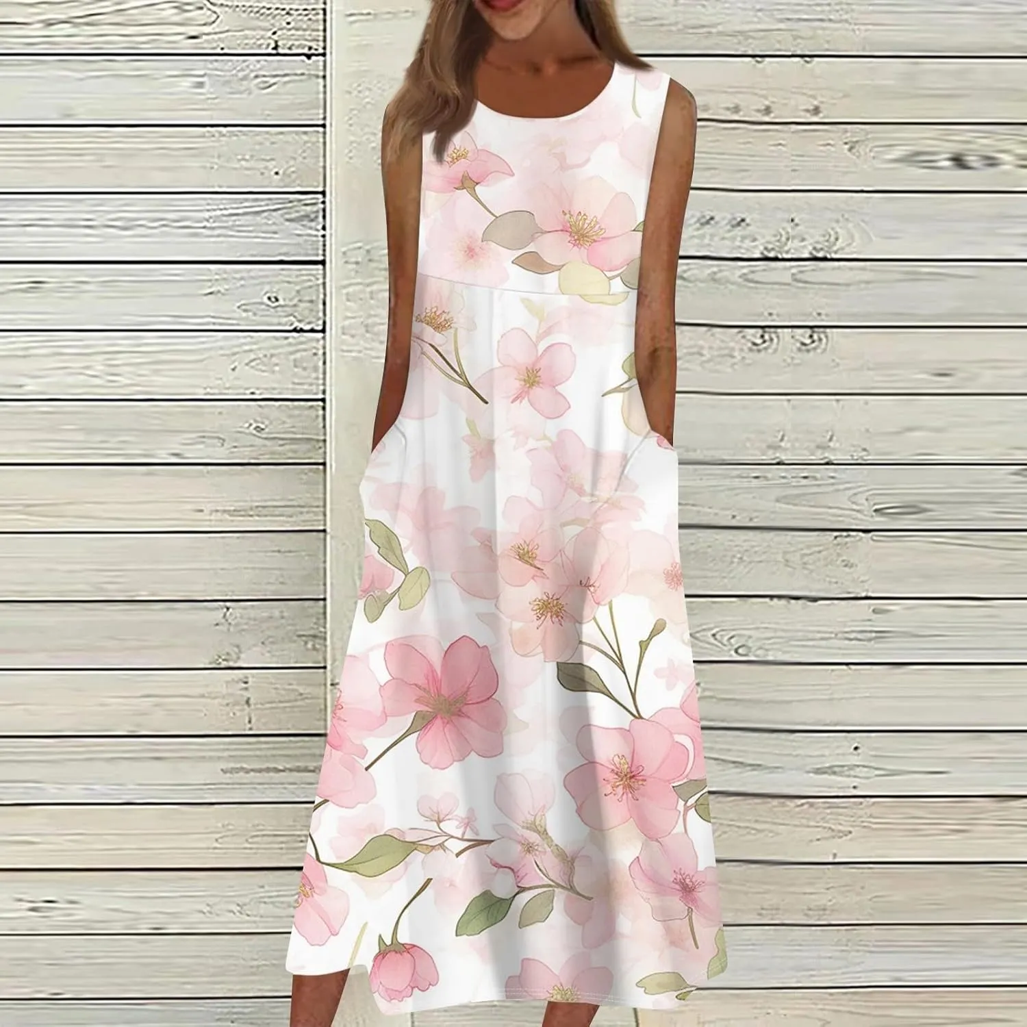 Floral Midi Dress for Women Round Neck Tea Party Sleeveless Floral Dresses with Pockets Stylish Going Out Easter Outfits