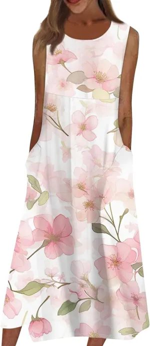 Floral Midi Dress for Women Round Neck Tea Party Sleeveless Floral Dresses with Pockets Stylish Going Out Easter Outfits