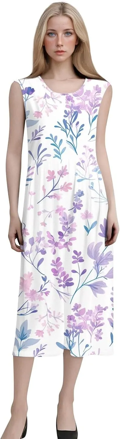 Floral Midi Dress for Women Round Neck Tea Party Sleeveless Floral Dresses with Pockets Stylish Going Out Easter Outfits