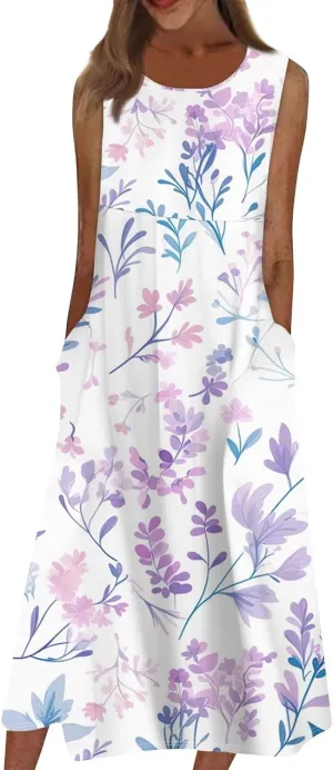 Floral Midi Dress for Women Round Neck Tea Party Sleeveless Floral Dresses with Pockets Stylish Going Out Easter Outfits