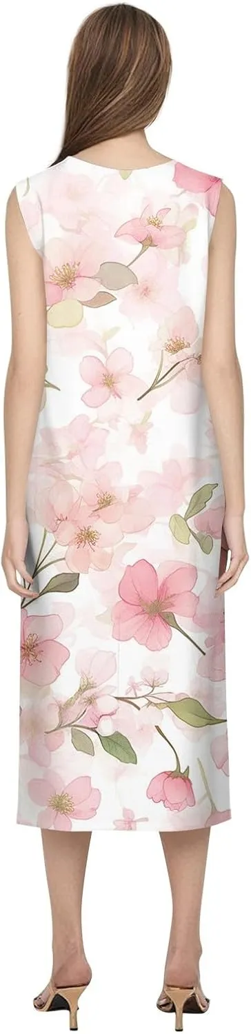 Floral Midi Dress for Women Round Neck Tea Party Sleeveless Floral Dresses with Pockets Stylish Going Out Easter Outfits