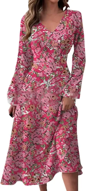 Floral Pink Dress Sleeve Loose Plain Maxi Dresses Casual Long Dresses with Pockets Long Floral Sun