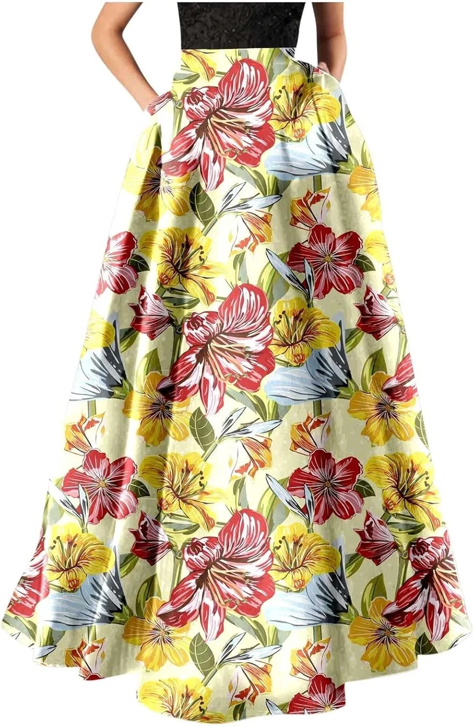 Floral Printed Maxi Skirts for Women High Waisted Long Skirts Boho Floor Length Flowy A Line Maxi Skirt with Pockets