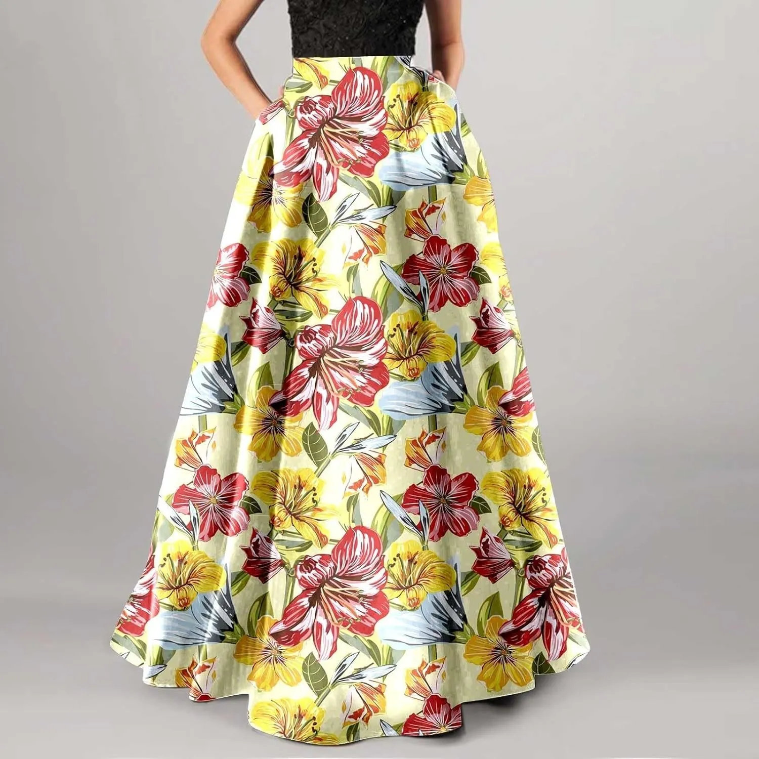 Floral Printed Maxi Skirts for Women High Waisted Long Skirts Boho Floor Length Flowy A Line Maxi Skirt with Pockets