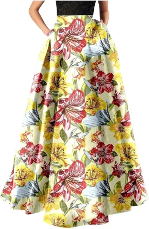 Floral Printed Maxi Skirts for Women High Waisted Long Skirts Boho Floor Length Flowy A Line Maxi Skirt with Pockets