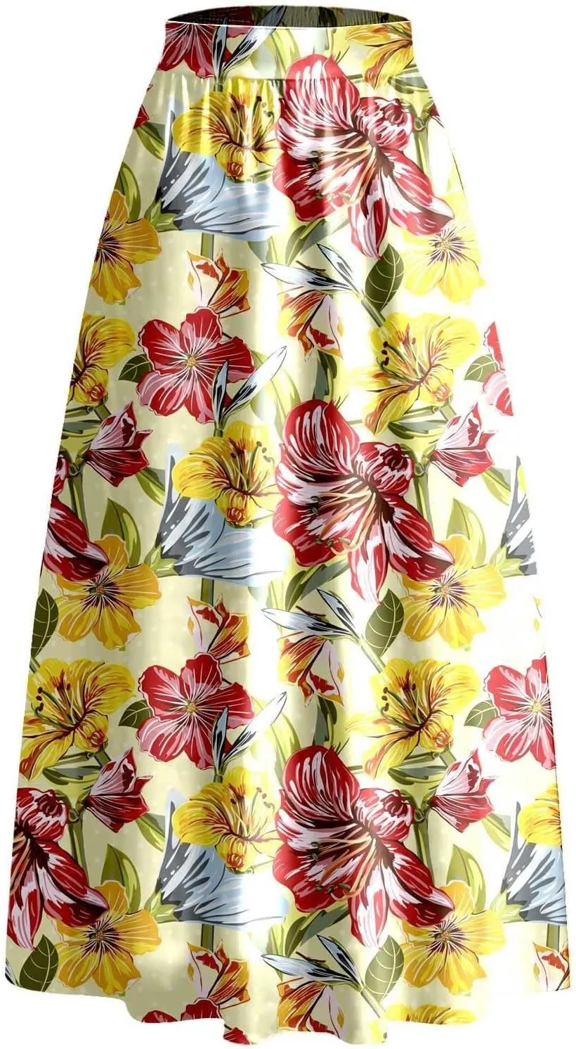 Floral Printed Maxi Skirts for Women High Waisted Long Skirts Boho Floor Length Flowy A Line Maxi Skirt with Pockets