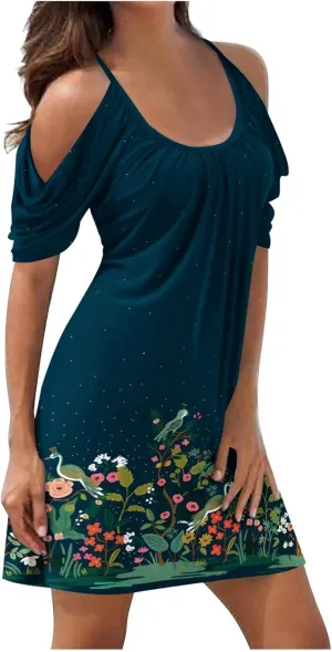 Floral Summer Dress 2024 Sexy Plus Size Open Shoulder Spaghetti Strap Beach Mini Dresses Floral Print Short Dresses