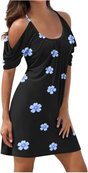 Floral Summer Dress 2024 Sexy Plus Size Open Shoulder Spaghetti Strap Beach Mini Dresses Floral Print Short Dresses