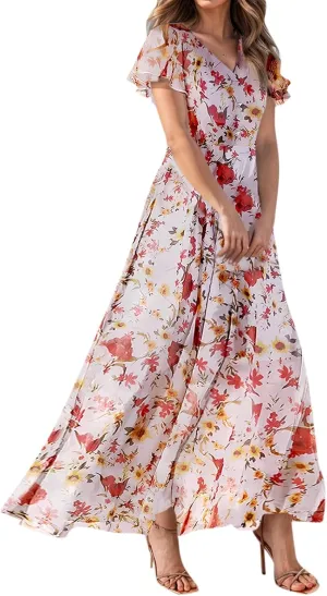 Flowy Maxi Dresses for Women Summer High Waist Dresses Chiffon Flutter Sleeve Plus Size Casual Floral Dress