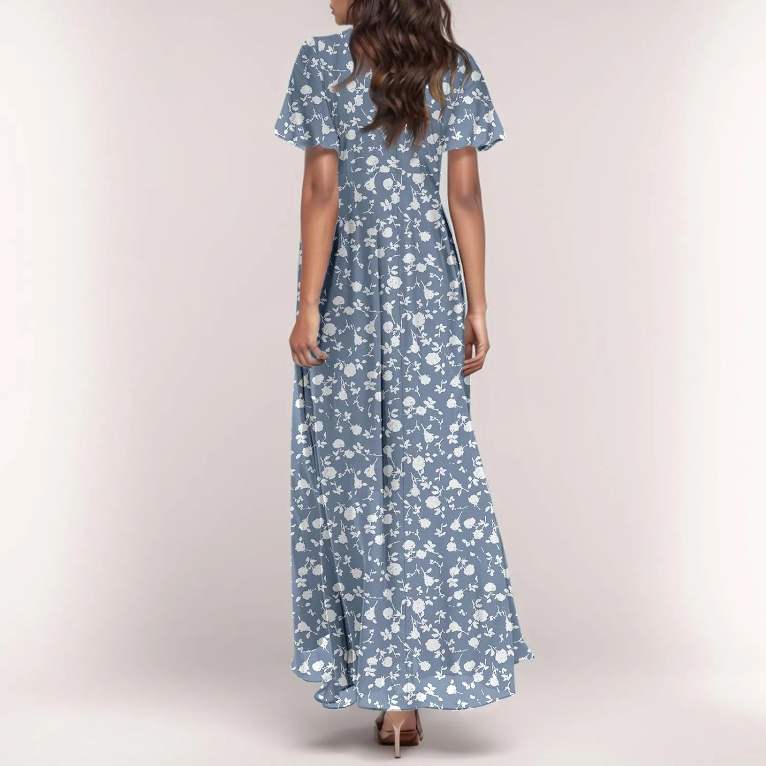 Flowy Maxi Dresses for Women Summer High Waist Dresses Chiffon Flutter Sleeve Plus Size Casual Floral Dress