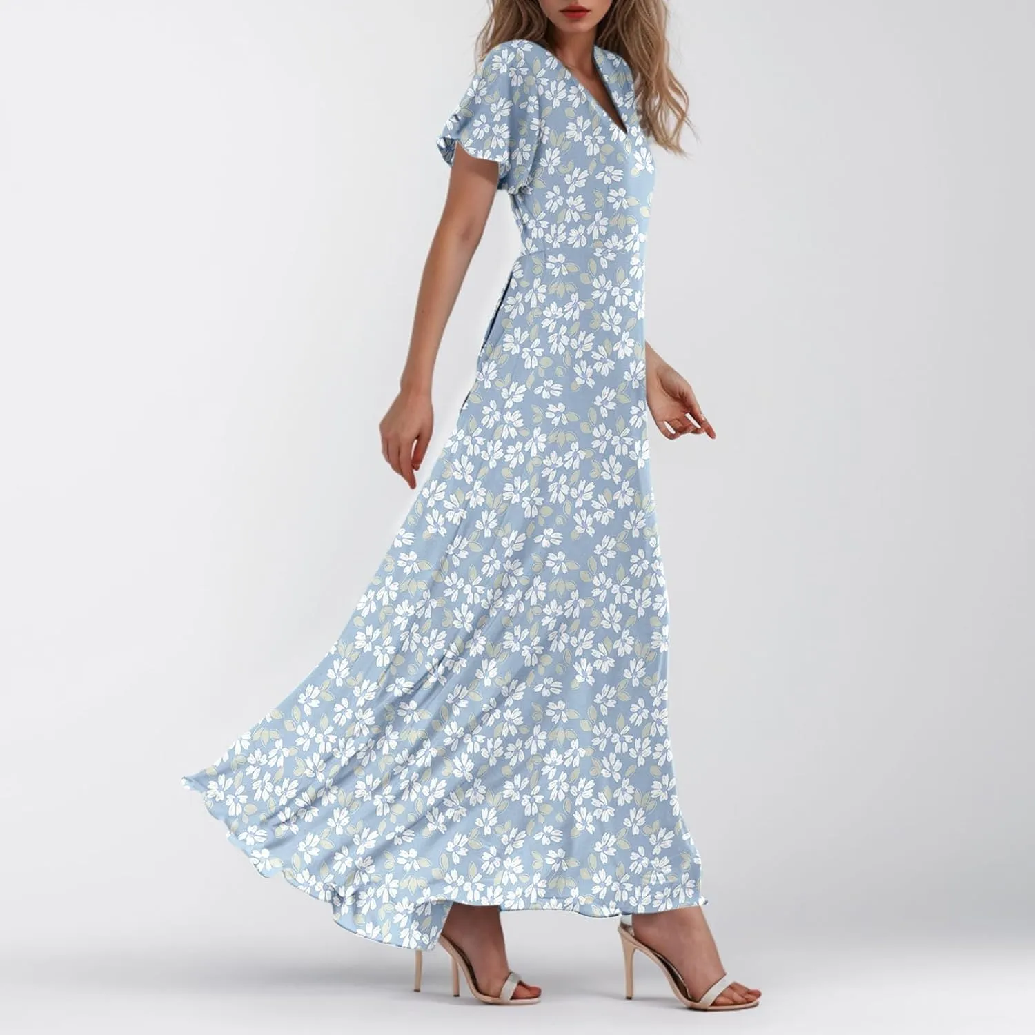 Flowy Maxi Dresses for Women Summer High Waist Dresses Chiffon Flutter Sleeve Plus Size Casual Floral Dress