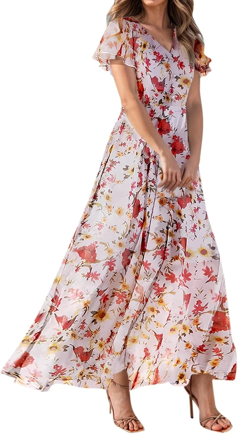 Flowy Maxi Dresses for Women Summer High Waist Dresses Chiffon Flutter Sleeve Plus Size Casual Floral Dress
