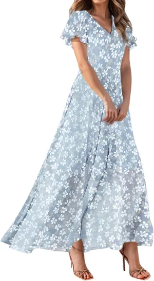 Flowy Maxi Dresses for Women Summer High Waist Dresses Chiffon Flutter Sleeve Plus Size Casual Floral Dress